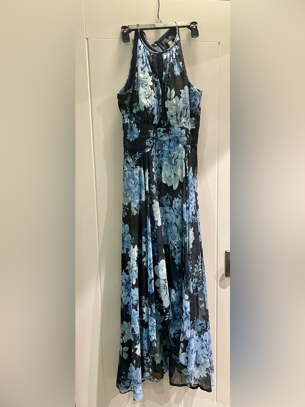Blue Floral Halter Maxi Dress - Women's Elegant Evening Gown